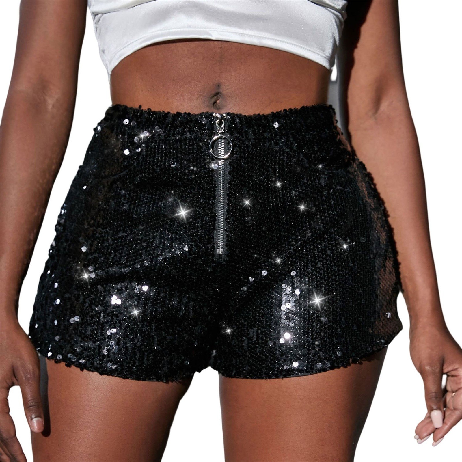 thumbnail image 1 of Pantalones cortos de lentejuelas para mujer, cintura alta elástica, brillantes, para conciertos - Poliéster, S-XL, diseño moderno de pierna recta, 1 of 2